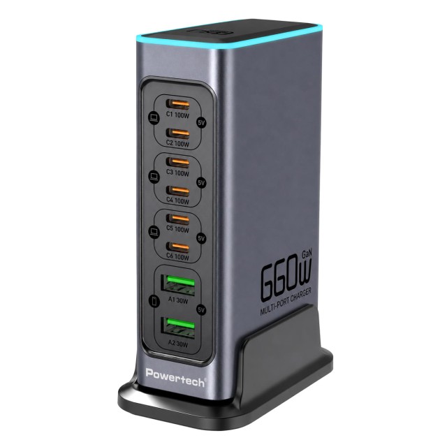 POWERTECH σταθμός φόρτισης PT-1621, 2x USB & 6x USB-C, GaN, 140W, γκρι POWERTECH σταθμός φόρτισης PT-1621, 2x USB & 6x USB-C, GaN, 140W, γκρι