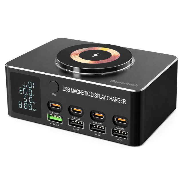 POWERTECH σταθμός φόρτισης PT-1625 με οθόνη, 4x USB/4x USB-C/wireless, 140W, μαύρος POWERTECH σταθμός φόρτισης PT-1625 με οθόνη, 4x USB/4x USB-C/wireless, 140W, μαύρος