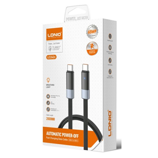 LDNIO καλώδιο USB-C LC242c, flat, 65W, 480Mbps, 2m, μαύρο