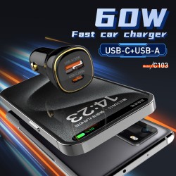 LDNIO φορτιστής αυτοκινήτου C103 με καλώδιο USB-C, USB/USB-C, 60W, μαύρος LDNIO φορτιστής αυτοκινήτου C103 με καλώδιο USB-C, USB/USB-C, 60W, μαύρος