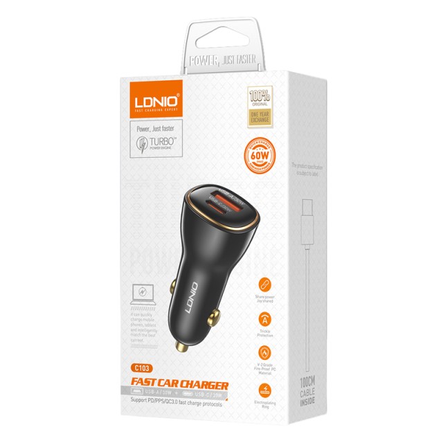 LDNIO φορτιστής αυτοκινήτου C103 με καλώδιο Lightning, USB/USB-C, 60W, μαύρος LDNIO φορτιστής αυτοκινήτου C103 με καλώδιο Lightning, USB/USB-C, 60W, μαύρος