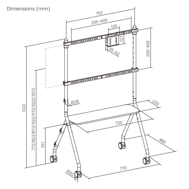 BRATECK βάση τηλεόρασης δαπέδου FS66-46F-01, 37-86", έως 80kg, με ράφι & ροδάκια