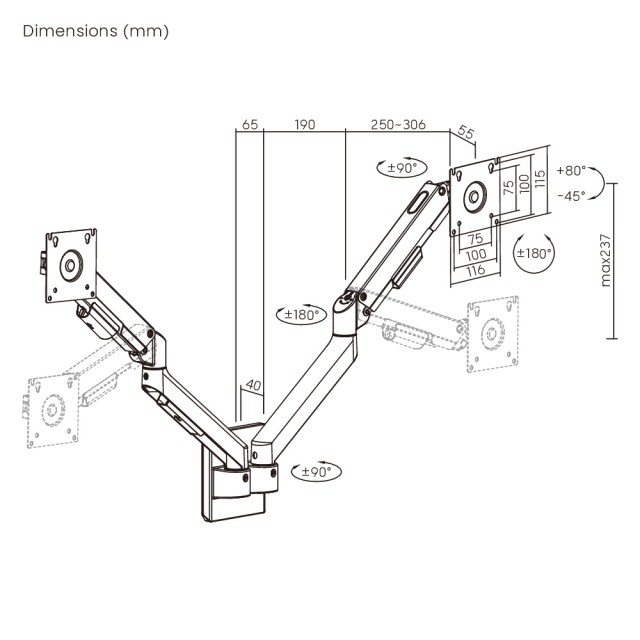 BRATECK επιτοίχια βάση για 2x οθόνες LDA113-114, 17-32", έως 9kg
