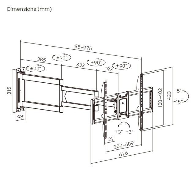 BRATECK επιτοίχια βάση τηλεόρασης LPA95-465XL, 37-86", έως 50kg, full motion