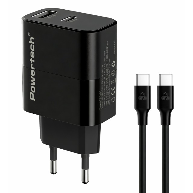 POWERTECH φορτιστής τοίχου PT-1637 με καλώδιο, USB/USB-C, 20W, μαύρος POWERTECH φορτιστής τοίχου PT-1637 με καλώδιο, USB/USB-C, 20W, μαύρος