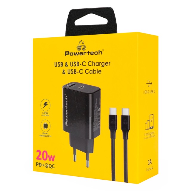 POWERTECH φορτιστής τοίχου PT-1637 με καλώδιο, USB/USB-C, 20W, μαύρος POWERTECH φορτιστής τοίχου PT-1637 με καλώδιο, USB/USB-C, 20W, μαύρος