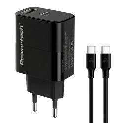 POWERTECH φορτιστής τοίχου PT-1638 με καλώδιο, USB/USB-C, 30W, GaN, μαύρος