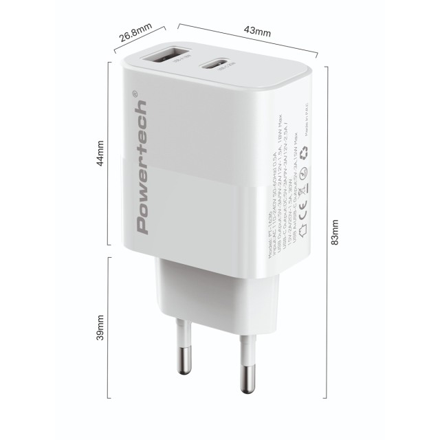 POWERTECH φορτιστής τοίχου PT-1636 με καλώδιο, USB/USB-C, 30W, GaN, λευκός POWERTECH φορτιστής τοίχου PT-1636 με καλώδιο, USB/USB-C, 30W, GaN, λευκός