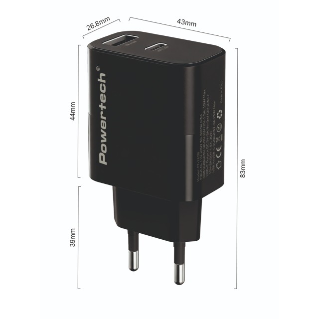 POWERTECH φορτιστής τοίχου PT-1638 με καλώδιο, USB/USB-C, 30W, GaN, μαύρος POWERTECH φορτιστής τοίχου PT-1638 με καλώδιο, USB/USB-C, 30W, GaN, μαύρος