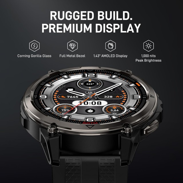 KOSPET smartwatch ORB 2, heart rate, 1.43" AMOLED, GPS, 5 ATM & IP69, με φακό, μαύρο