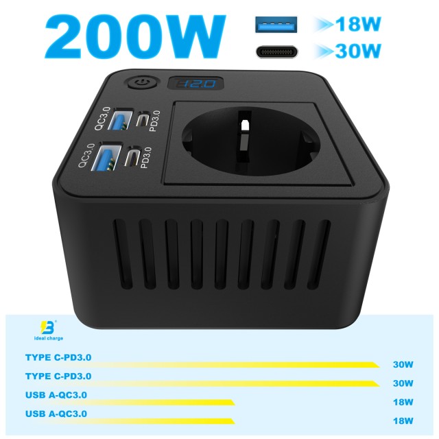 POWERTECH inverter αυτοκινήτου PTL-028, 200W, 12V/24V DC σε 110V/220V AC, με 2x USB-C/2x USB POWERTECH inverter αυτοκινήτου PTL-028, 200W, 12V/24V DC σε 110V/220V AC, με 2x USB-C/2x USB