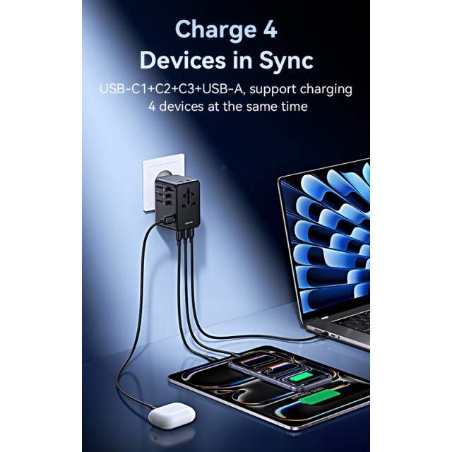 USAMS φορτιστής/αντάπτορας πρίζας CC334, USB & 3x USB-C, universal, 100W, GaN, μαύρος