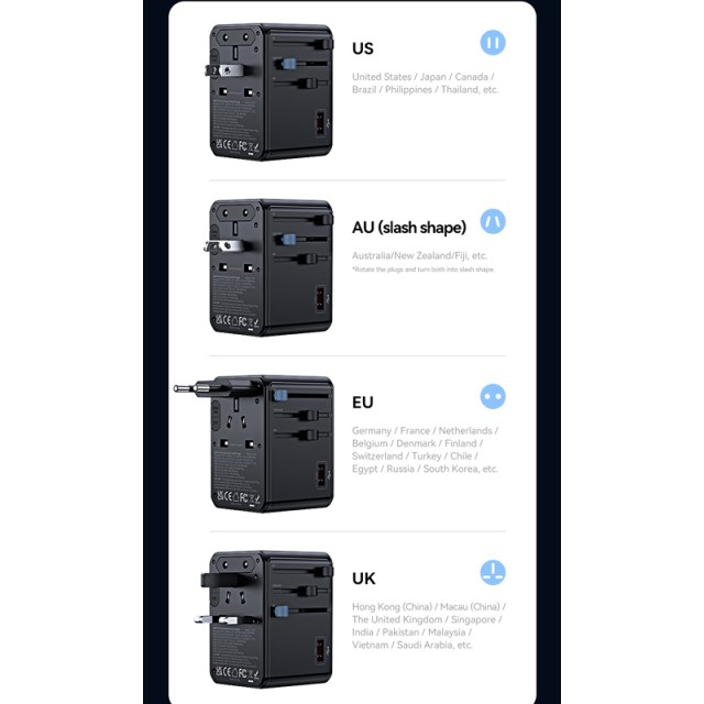 USAMS φορτιστής/αντάπτορας πρίζας CC334, USB & 3x USB-C, universal, 100W, GaN, μαύρος