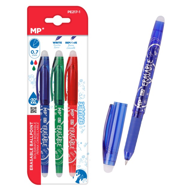 MP σετ στυλό διαρκείας PE217-1, erasable, 0.7mm, μπλε/πράσινο/κόκκινο, 3τμχ MP σετ στυλό διαρκείας PE217-1, erasable, 0.7mm, μπλε/πράσινο/κόκκινο, 3τμχ