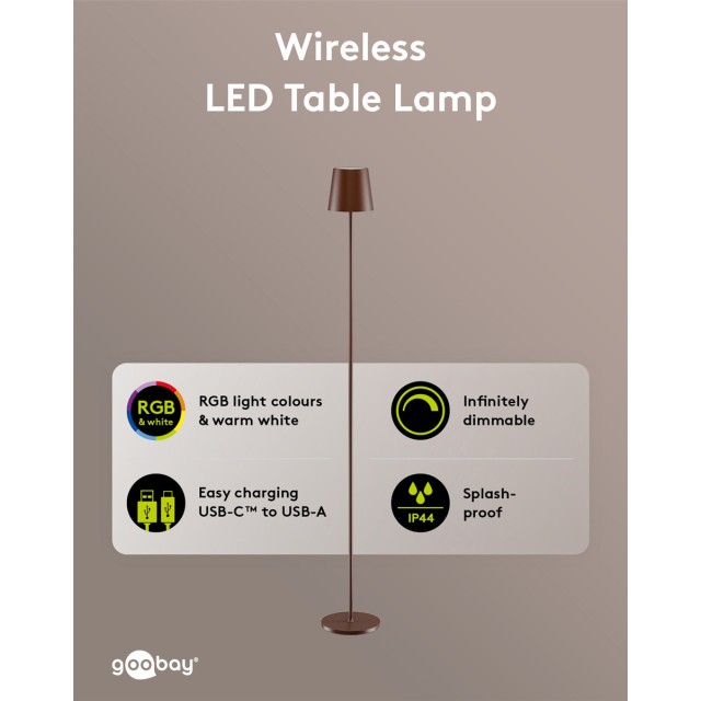 GOOBAY επιτραπέζιο φωτιστικό 76574, RGBW, dimmable, επαναφορτιζόμενο, έως 122.3cm ύψος, χάλκινο