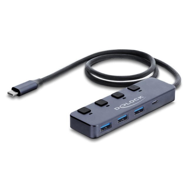 DELOCK USB-C hub 64384 με διακόπτες, 4x θυρών, 10Gbps, USB-C σύνδεση, γκρι