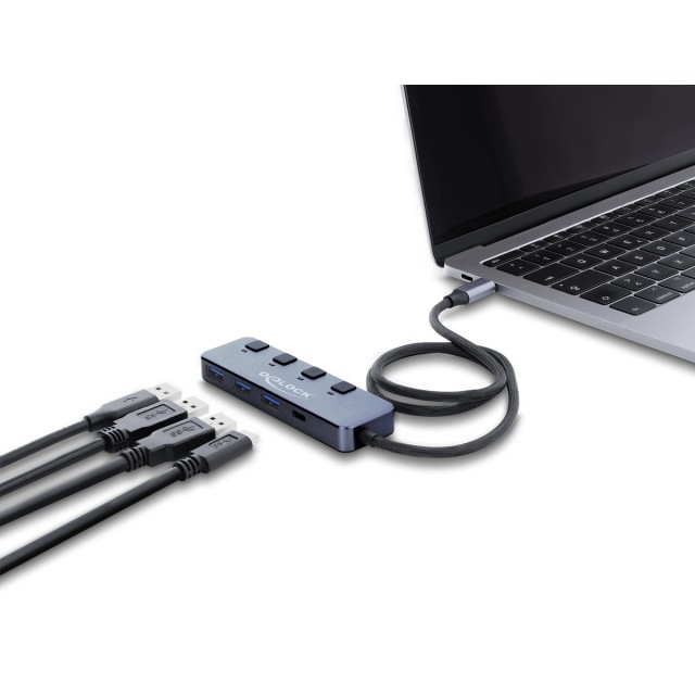 DELOCK USB-C hub 64384 με διακόπτες, 4x θυρών, 10Gbps, USB-C σύνδεση, γκρι