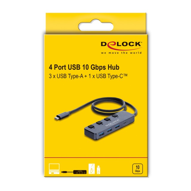 DELOCK USB-C hub 64384 με διακόπτες, 4x θυρών, 10Gbps, USB-C σύνδεση, γκρι