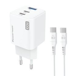 POWERTECH μίνι φορτιστής τοίχου PT-1671 με καλώδιο, USB/2x USB-C, 100W, GaN, λευκός