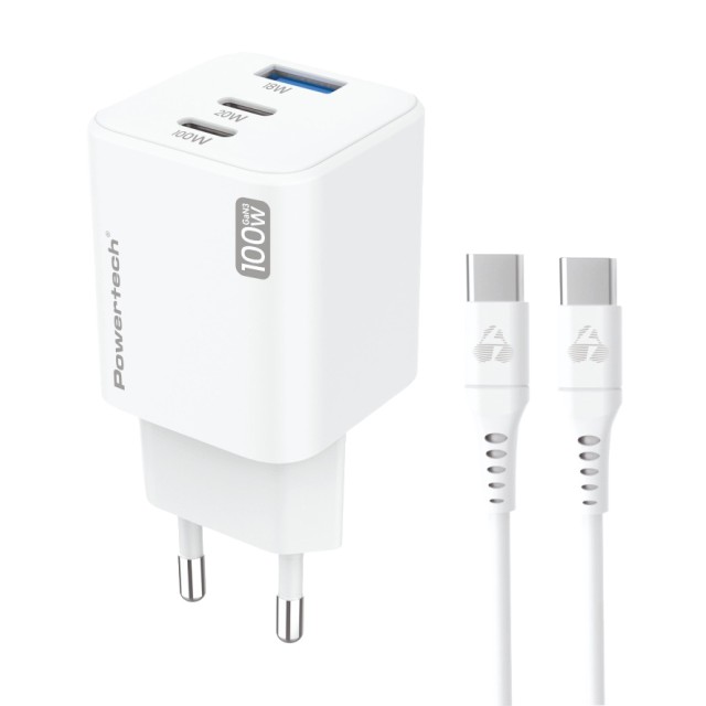 POWERTECH μίνι φορτιστής τοίχου PT-1671 με καλώδιο, USB/2x USB-C, 100W, GaN, λευκός POWERTECH μίνι φορτιστής τοίχου PT-1671 με καλώδιο, USB/2x USB-C, 100W, GaN, λευκός