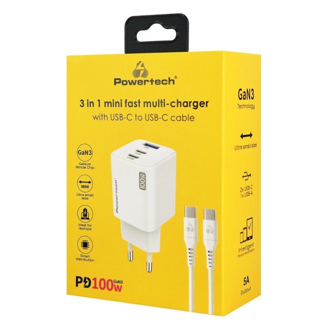 POWERTECH μίνι φορτιστής τοίχου PT-1671 με καλώδιο, USB/2x USB-C, 100W, GaN, λευκός POWERTECH μίνι φορτιστής τοίχου PT-1671 με καλώδιο, USB/2x USB-C, 100W, GaN, λευκός