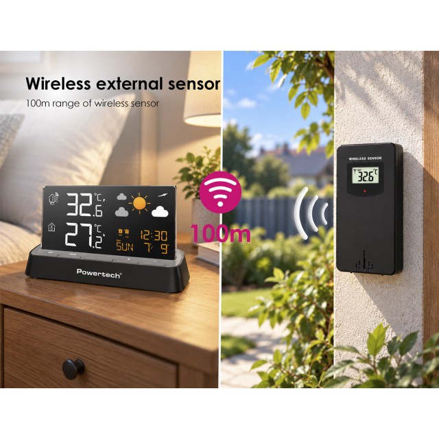 POWERTECH ψηφιακός μετεωρολογικός σταθμός PT-1658 με ασύρματο εξωτερικό αισθητήρα, ξυπνητήρι, μαύρος