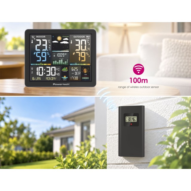 POWERTECH ψηφιακός μετεωρολογικός σταθμός PT-1660 με ασύρματο εξωτερικό αισθητήρα, ξυπνητήρι, μαύρος