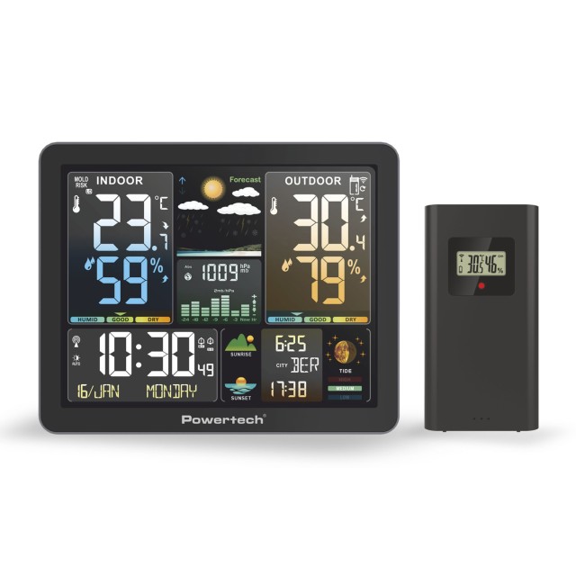 POWERTECH ψηφιακός μετεωρολογικός σταθμός PT-1660 με ασύρματο εξωτερικό αισθητήρα, ξυπνητήρι, μαύρος