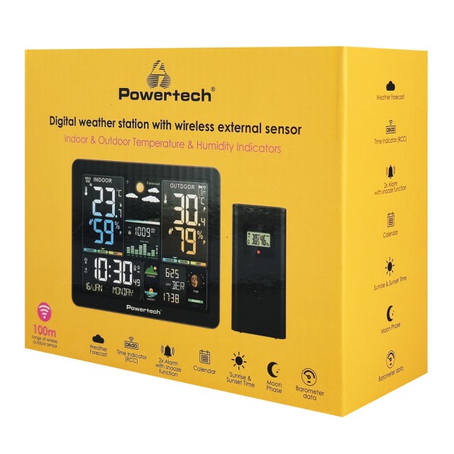 POWERTECH ψηφιακός μετεωρολογικός σταθμός PT-1660 με ασύρματο εξωτερικό αισθητήρα, ξυπνητήρι, μαύρος