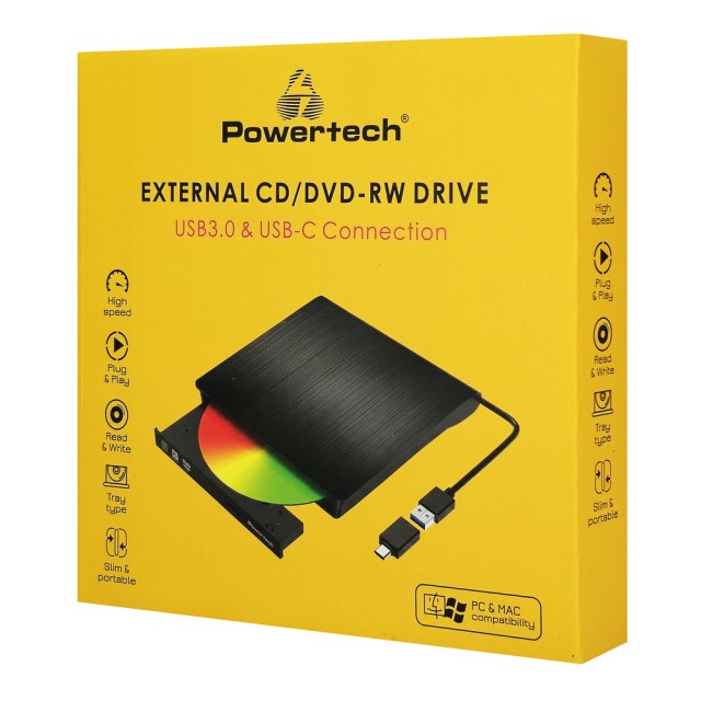POWERTECH εξωτερικός οδηγός εγγραφής/ανάγνωσης CD/DVD PT-1678, USB/USB-C σύνδεση, μαύρος