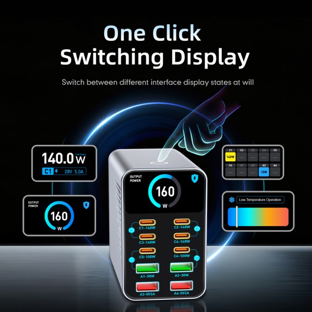 POWERTECH σταθμός φόρτισης PT-1687, 4x USB & 6x USB-C, GaN, 165W, γκρι