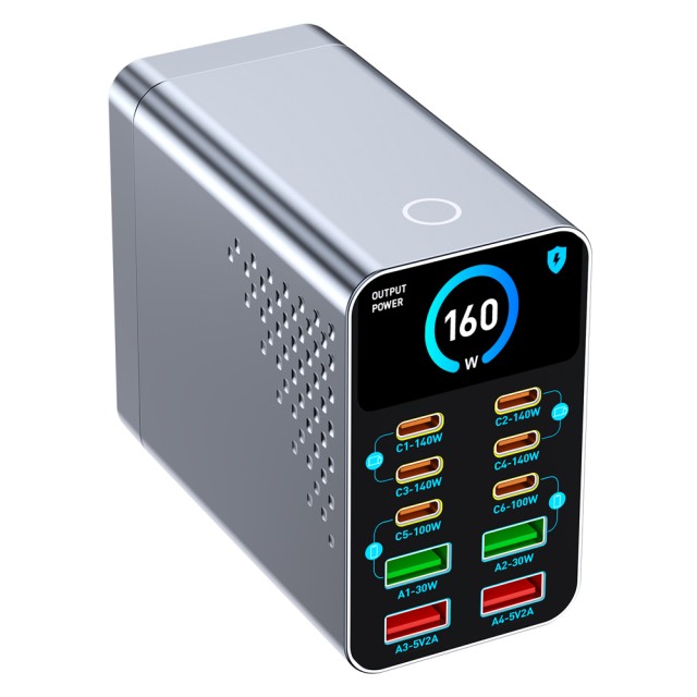 POWERTECH σταθμός φόρτισης PT-1687, 4x USB & 6x USB-C, GaN, 165W, γκρι