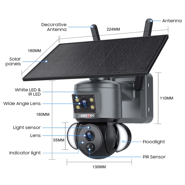 SECTEC smart ηλιακή κάμερα ST-538-6MAOV-4G-EU, dual lens, 3MP, 4G, SD, PTZ, IP66 SECTEC smart ηλιακή κάμερα ST-538-6MAOV-4G-EU, dual lens, 3MP, 4G, SD, PTZ, IP66