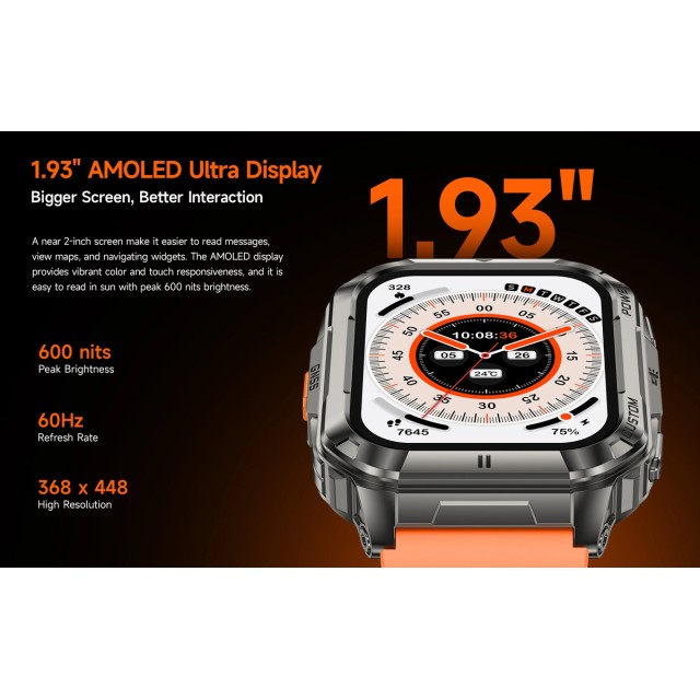 ULEFONE smartwatch Armor Watch Ultra, 2x λουράκια, heart rate, 1.93" AMOLED, GPS, MIL-STD-810H, μαύρο ULEFONE smartwatch Armor Watch Ultra, 2x λουράκια, heart rate, 1.93" AMOLED, GPS, MIL-STD-810H, μαύρο