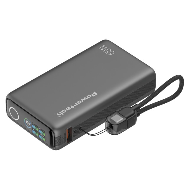 POWERTECH power bank PT-1639 με οθόνη & καλώδιο, 10000mAh, 65W, γκρι