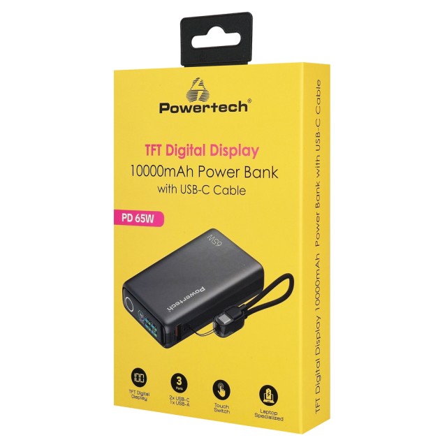 POWERTECH power bank PT-1639 με οθόνη & καλώδιο, 10000mAh, 65W, γκρι