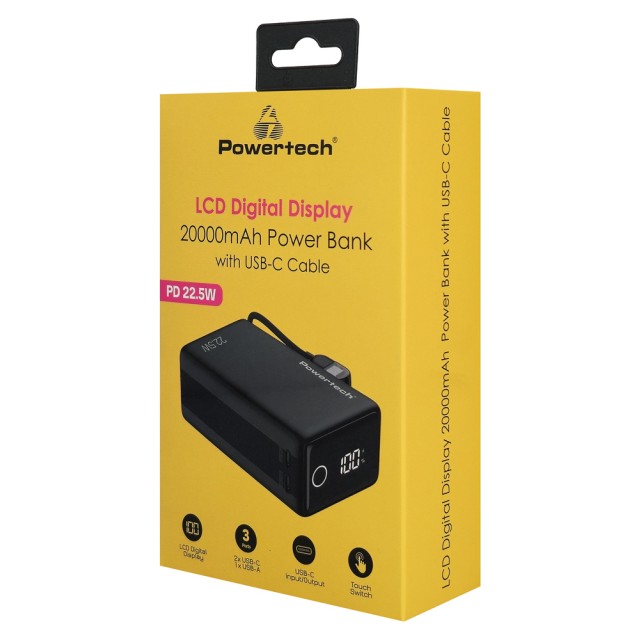 POWERTECH power bank PT-1642 με οθόνη & καλώδιο, 20000mah, 22.5W, μαύρο
