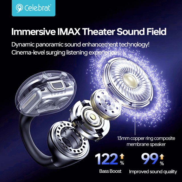 CELEBRAT earphones με θήκη φόρτισης W74, OWS, 10mm, 25/250mAh, μαύρα