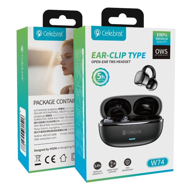 CELEBRAT earphones με θήκη φόρτισης W74, OWS, 10mm, 25/250mAh, μαύρα