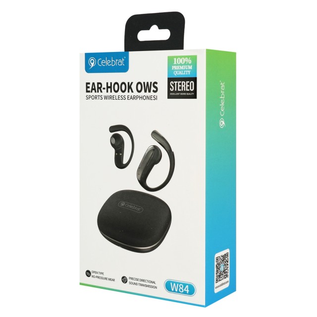 CELEBRAT earphones με θήκη φόρτισης W84, OWS, 13mm, 30/300mAh, μαύρα
