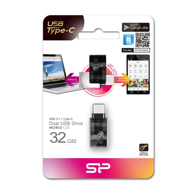 SILICON POWER USB Flash Drive C31, USB 3.2 & USB-C, 32GB, μαύρο