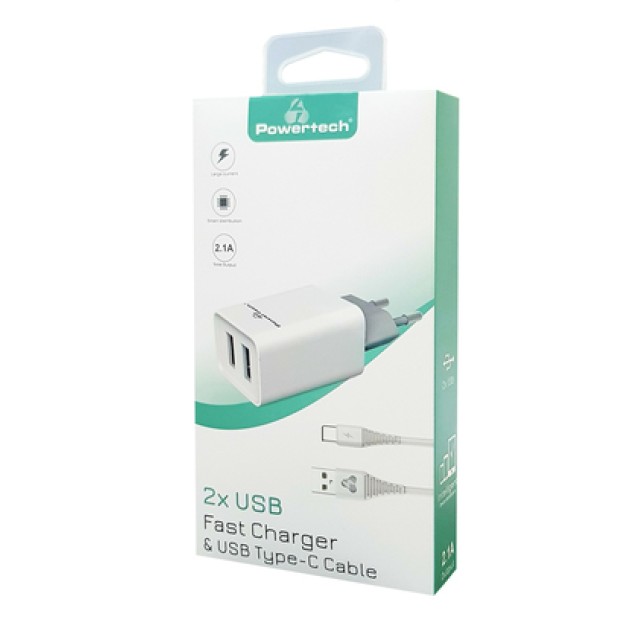 POWERTECH φορτιστής τοίχου PT-776 με καλώδιο USB-C, 2x USB, 2.1A, λευκό