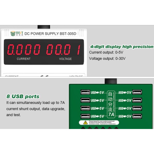 BEST Power supply BST-305D, 30V/5A, AC/DC, 8x USB