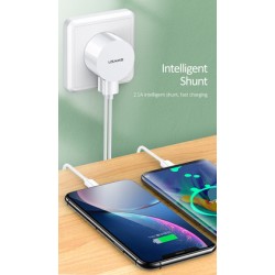 USAMS φορτιστής τοίχου T20 & καλώδιο Lightning, 2x USB, 2.1A, λευκός