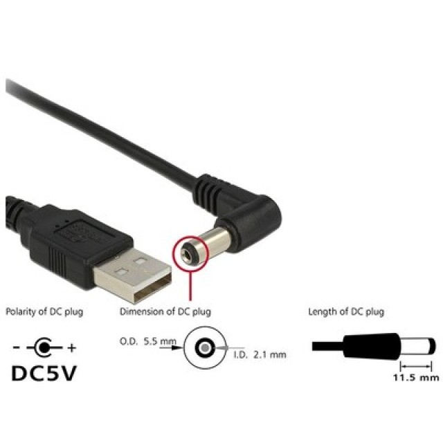 DELOCK καλώδιο USB σε DC 5.5 x 2.1mm 83578, γωνιακό, 1.5m, μαύρο