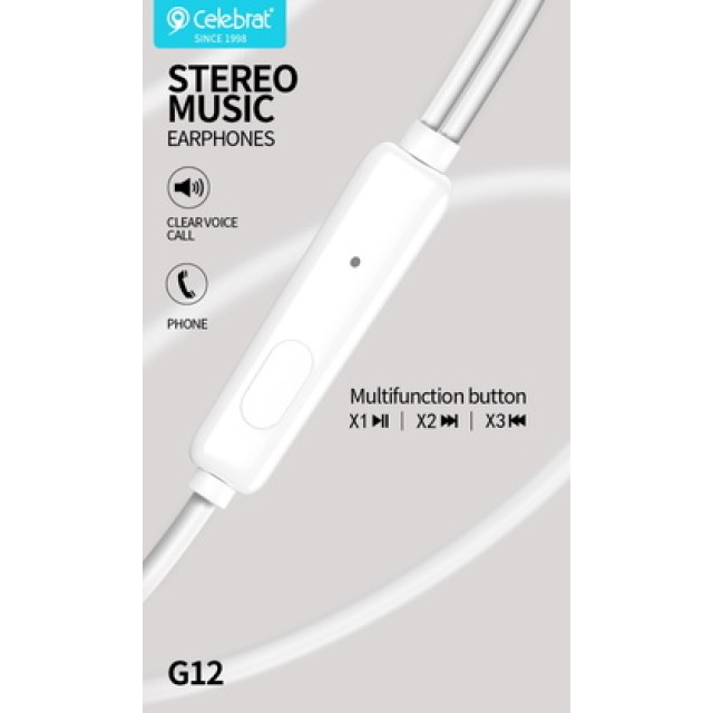 CELEBRAT earphones με μικρόφωνο G12, 3.5mm σύνδεση, Φ14.2mm, 1.2m, λευκό