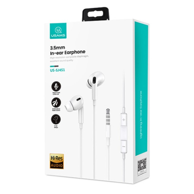 USAMS earphones με μικρόφωνο EP-41, 3.5mm σύνδεση, Φ10mm, 1.2m, λευκά