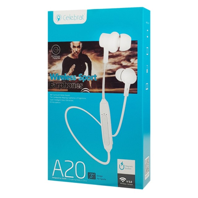 CELEBRAT earphones A20 με μαγνήτη, Bluetooth, 10mm, 70mAh, λευκά