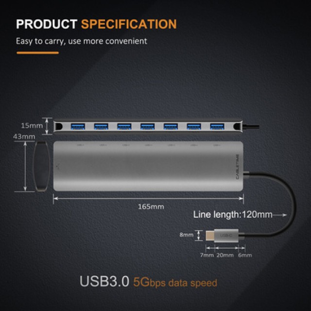 CABLETIME USB-C hub C160, 7x USB, 5Gbps, 0.15m, ασημί