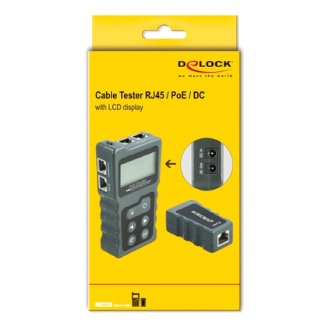 DELOCK tester καλωδίων με οθόνη 63110, RJ45, PoE, DC, γκρι